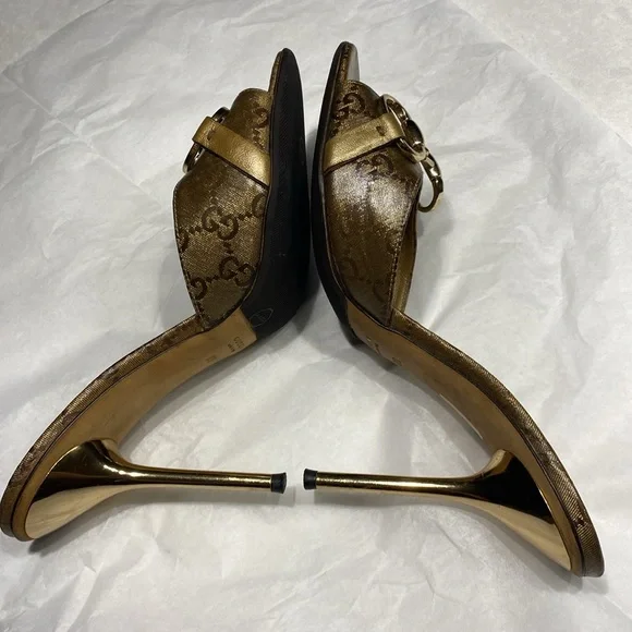 GUCCI Crystal Horsebit GG Heeled Monogram Gold Stiletto Mules size 8 & dust bag - Picture 13 of 17
